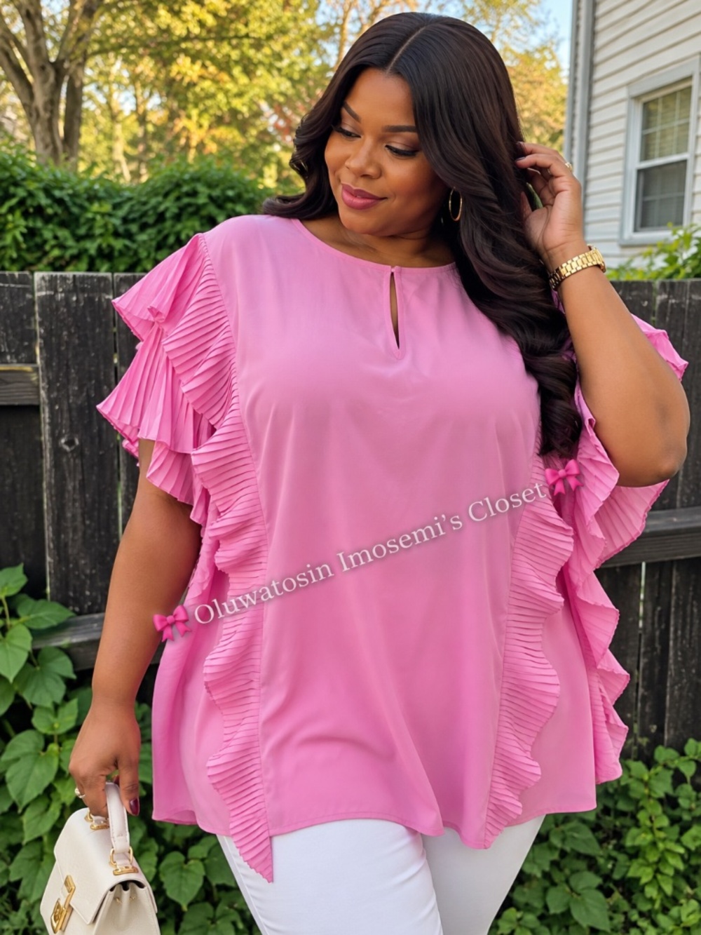 Elegant Pink Pleated Ruffle Blouse
